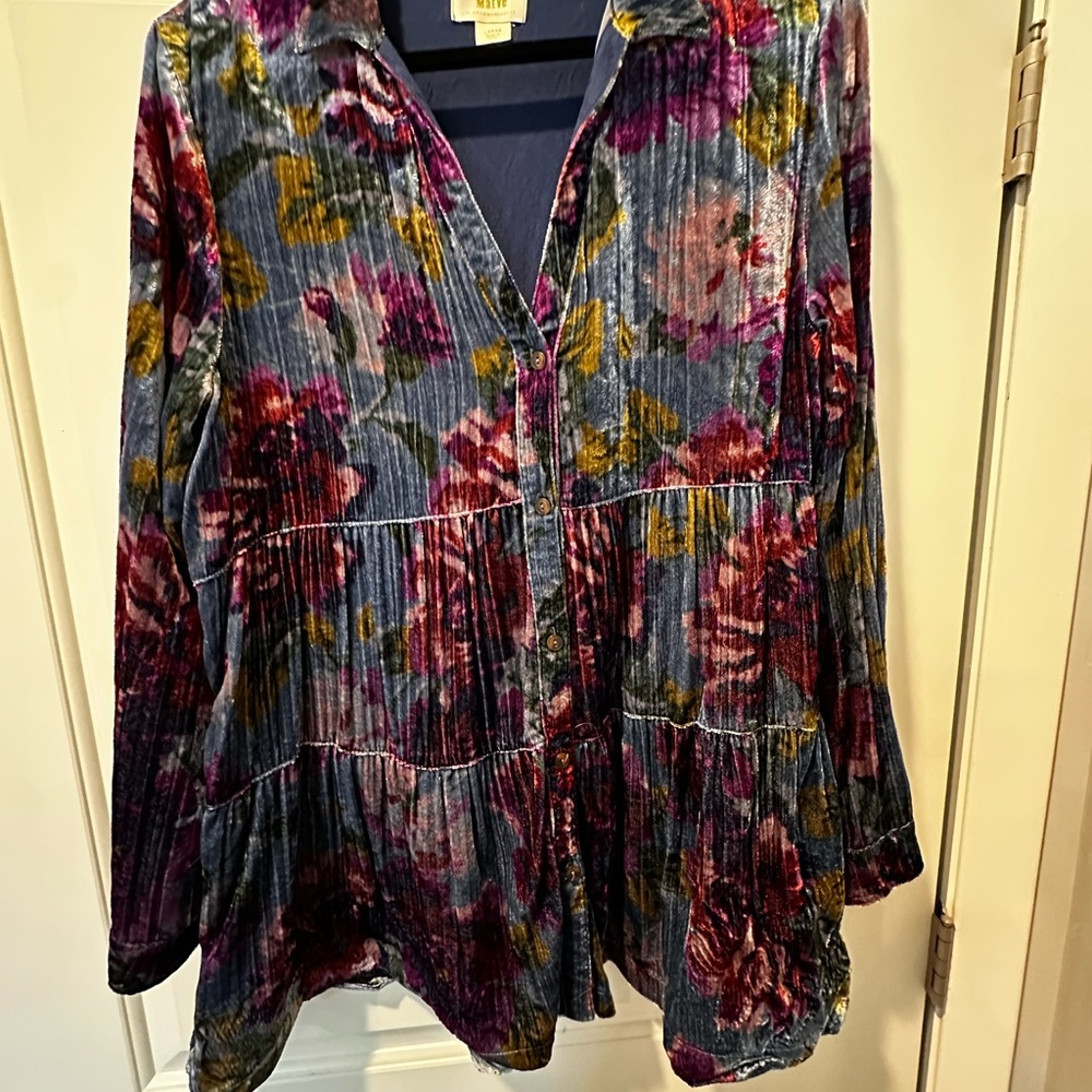 Anthropologie Pink and Blue Pleated Long Sleeve Blouse